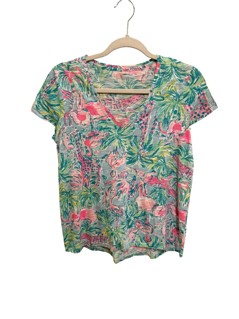 Lilly Pulitzer Pink & Green Flamingo V-Neck Tee - Size Small